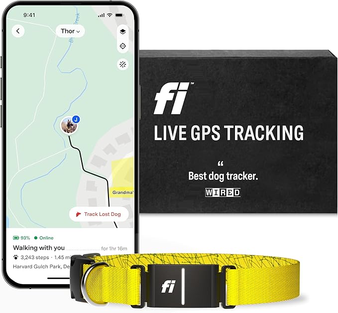 Fi Series 3 Smart Dog Collar - GPS Dog Tracker and Activity & Health Monitor, Waterproof, LED Light, Escape Alerts, Nationwide Coverage [Free 1 Year Membership] (Yellow, X Large)