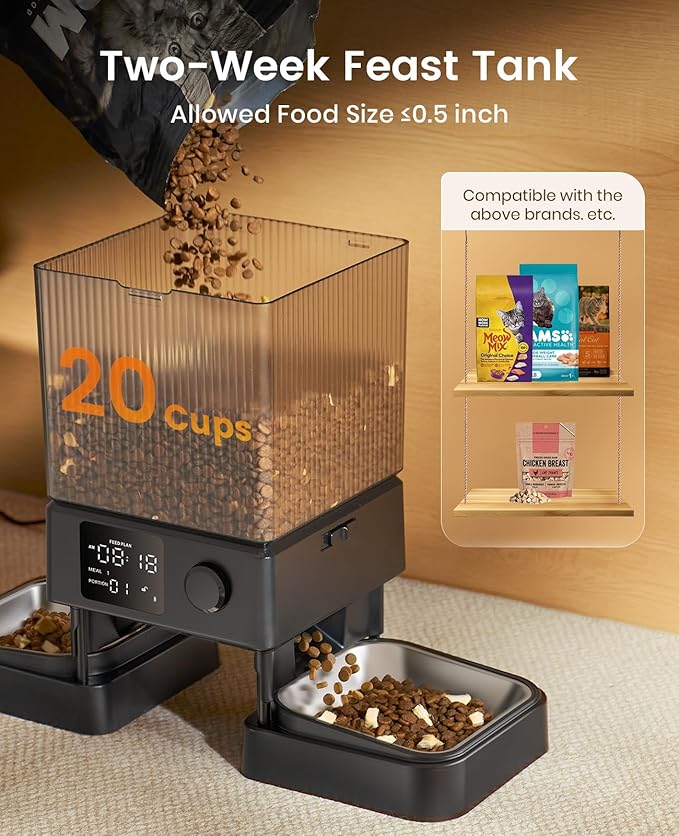 oneisall Automatic Cat Feeder for 2 Cats, 20 Cups/5L Automatic Cat Food Dispenser for Small Pets Indoor, Timed Cat Feeder for Dry Food