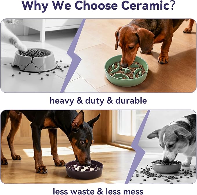 Ceramic Slow Feeder Dog Bowl - Maze Dog Bowl to Slow Down Eating - Fun Feeder for Fast Eaters - Ideal Food Control Dish for Medium to Large Breeds - 8.2 Inch - 1.8 Cups (180g) - Grey