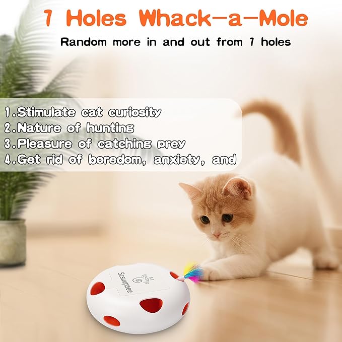 Interactive Cat Toy, Electric Cat Toys for Moving Concealed Feathers, Smart Sensor 7 Holes Whack a Mole Feather Toy, USB Charge Automatic Kitten Christmas Toys,White
