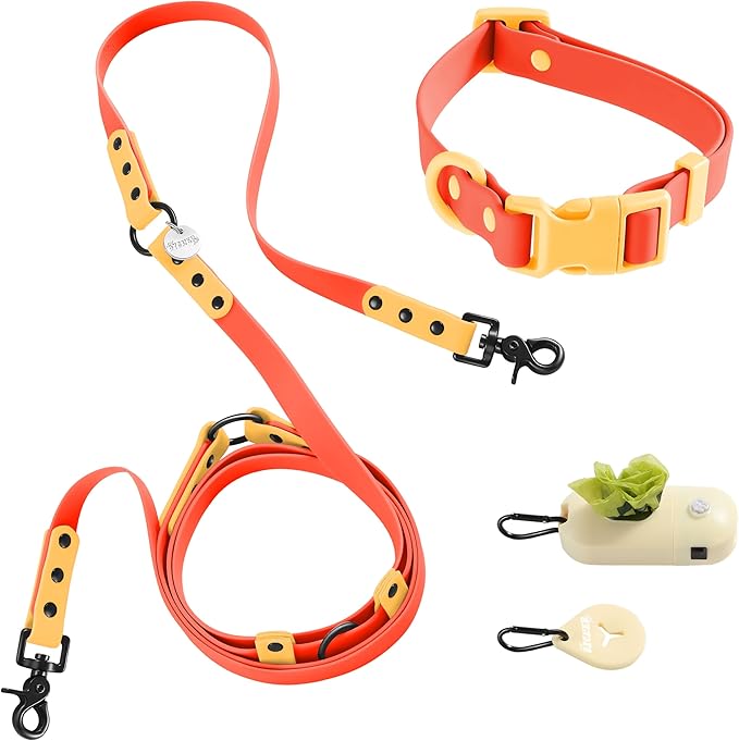 WLK1005A-5SET Luna Medium 8FT Adjustable 6-in-1 Waterproof Hands-Free Leash and Collar with LED Flashlight, Bag Dispenser, and Poop Bag Holder, Aperol