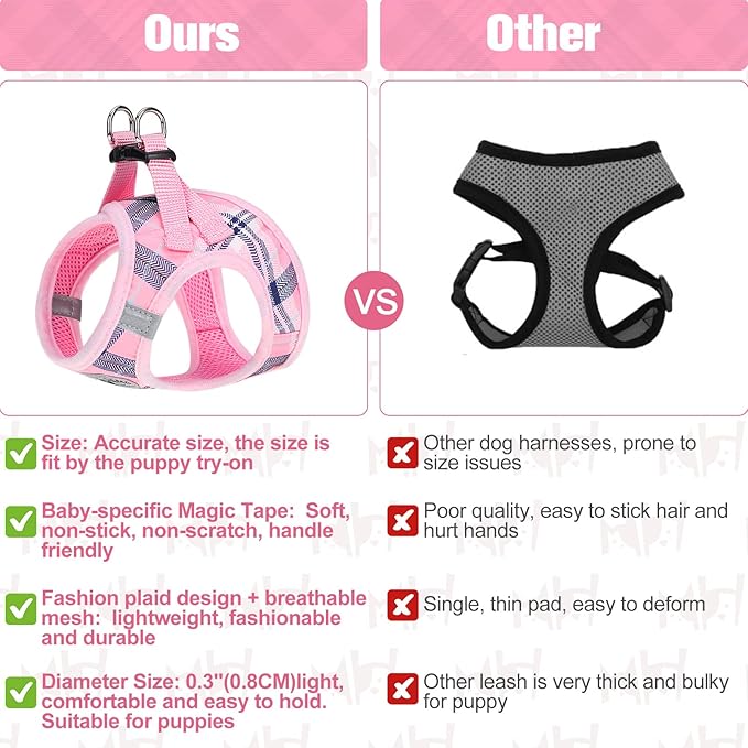 BEAUTYZOO Small Dog Harness and Leash Set,Step in No Choke No Pull Soft Mesh Dog Harnesses Reflective for Extra-Small/Small Medium Puppy Dogs and Cats, Plaid Dog Vest Harness for XS S Pets, Pink L