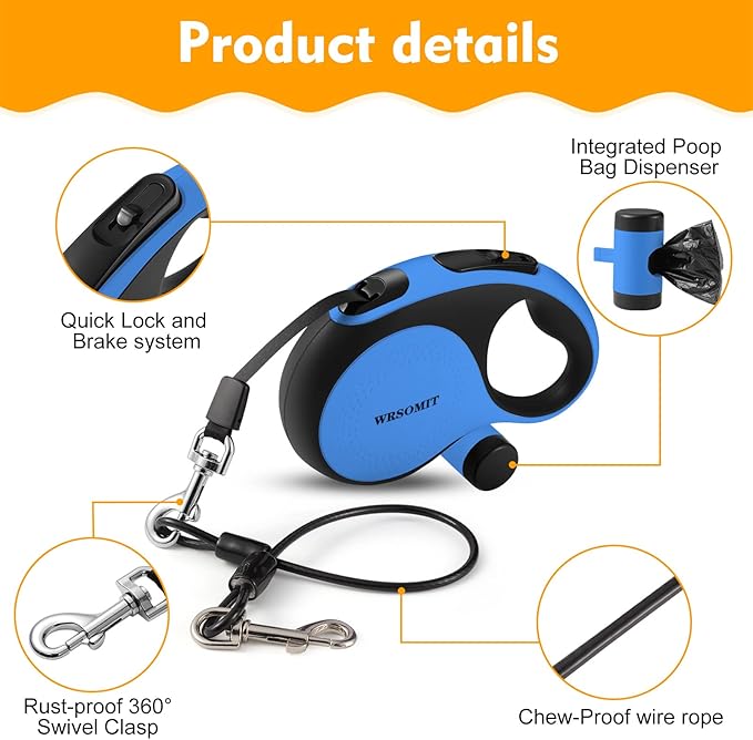 Retractable Dog Leash with Chew Proof Cable, 26Ft Heavy Duty Dog Leash for Medium Large Dogs up to 110lbs, 360° No Tangle, One-Handed Brake (Blue)