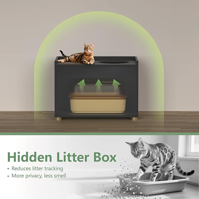 Top Entry Litter Box Enclosure, Modern Flip Top Litter Box Furniture with Cat Scratch Mat, Side Table (Black)
