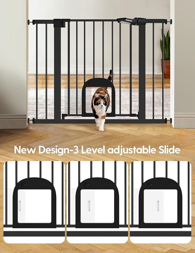 Babelio 36" Tall Upgraded Baby Gate with Cat Door,29-43" Auto Close Durable Dog Gate for Stairs,Doorways and House,Easy Walk Thru,Includes 4 Wall Cups,Black