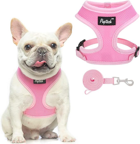 PUPTECK Soft Mesh Dog Harness and Leash Set Pet Puppy Cat Comfort Padded Vest No Pull Harnesses, Solid Pink, L