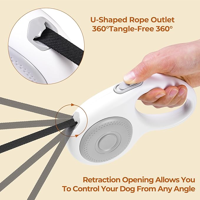 16Ft Retractable Dog Leash, Chew Proof Leash with Wire Pope and Strong Nylon Tape, 360 Tangle-Free Walking Lead for Small to Large Dogs up to 110lbs, One-Hand Brake, White