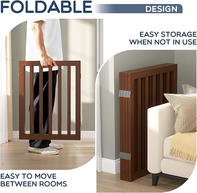 Homykic Bamboo Freestanding Dog Gate, No Assembly Pet Gate Indoor, 24”H x 75”W Extra Wide Foldable Puppy Barrier Fence with Support Feet for The House, Doorways Stairs, 4 Panels, No Drillings, Walnut