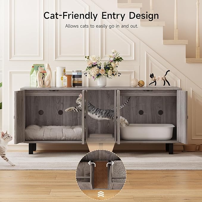 ONBRILL 59 Inches Cat Litter Box Enclosure for 2 Cats, Hidden Litter Boxes Furniture with Cat Scratch Pad, Large Indoor Pet House with Double Room, Wooden TV Stand Side Table, Grey