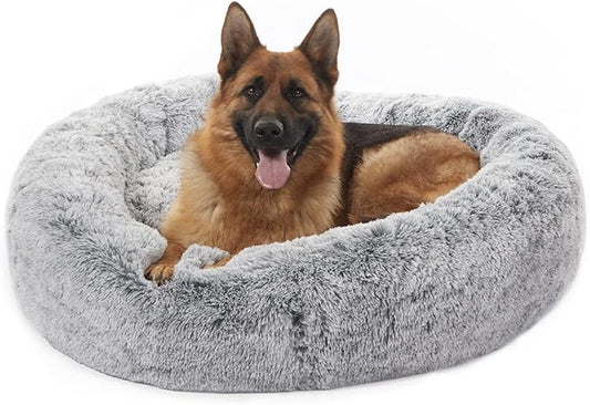 Bedfolks Calming Donut Dog Bed for Extra Large Dogs, 45 Inch Round Plush Bed with Non-Slip Bottom (Dark Grey, Extra Large)
