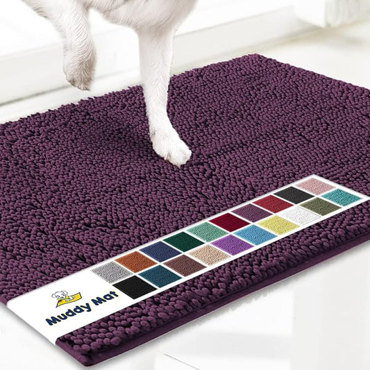 Muddy Mat® AS-SEEN-ON-TV Highly Absorbent Microfiber Door Mat and Pet Rug, Non Slip Thick Washable Area and Bath Mat Soft Chenille for Kitchen Bedroom Indoor and Outdoor - Dark Purple 24" x 72"