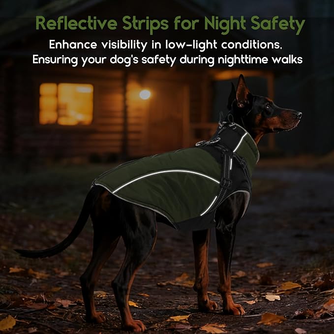 ASENKU Reflective Dog Coat with Built-in Harness, Windproof Fleece-Lined Dog Jacket for Small, Medium, Large Dogs, Warm Winter Vest with Turtleneck & Zipper (Green 2XL)