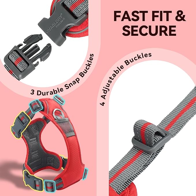 VIVAGLORY Dog Harness Easewalk No Pull Dog Harness with Handle & Front Back Clip for Training Lifting, Easy On Adjustable Padded No Pull for Pet & Puppy, M, Red