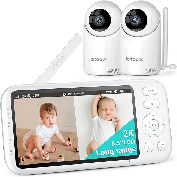 Jartoo 2K Video Baby Monitor with 2 Cameras and Audio, Long Range Baby Monitor No WiFi, 5.5" Split Display, VOX - AI Cry Detect, ANR, IR Night Vision, 2-Way Audio, 6000mAh
