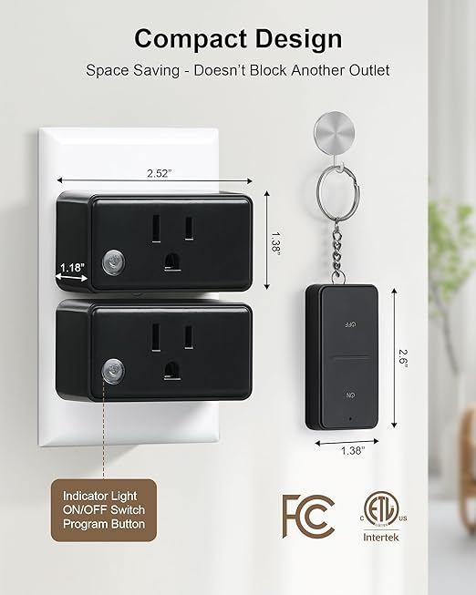 Remote Control Outlet Plug, 200FT Long Range Wireless Light Switch, Compact Design, 15A/1875W High-Power for Lamps, Lights, Household Appliances, FCC & ETL Listed