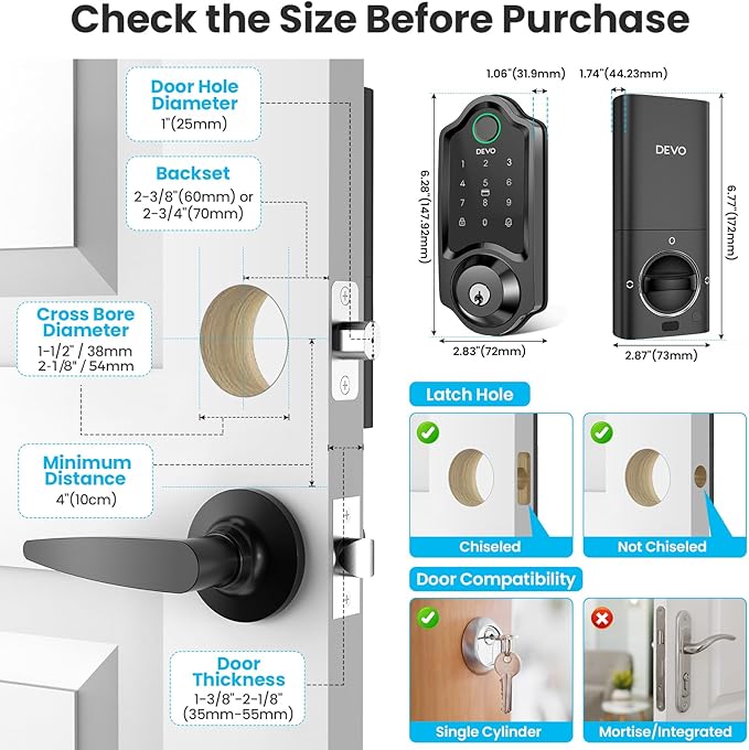 DEVO G8 Smart Lock, 6-in-1 Fingerprint Keyless Entry Door Lock with Doorbell, Built-in Wi-Fi, APP Remote, Auto-Lock, Front Door Smart Deadbolt, Easy Install, IP54 Waterproof