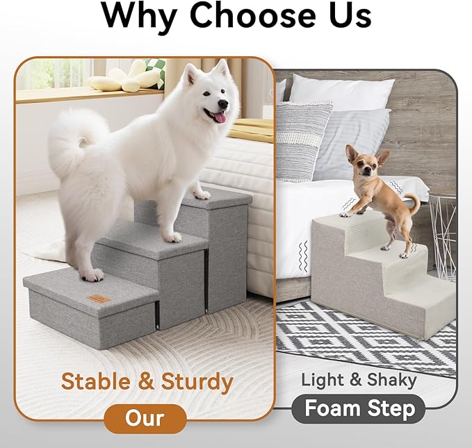 Wider Dog Stairs with Storage 18" H, 3-Step Sturdy Dog Steps for Large/Medium/Small Older Senior Dogs Cats, Folding Pet Stairs Climbing Bed or Couch, Arthritis-Friendly (Gray, No Condo)