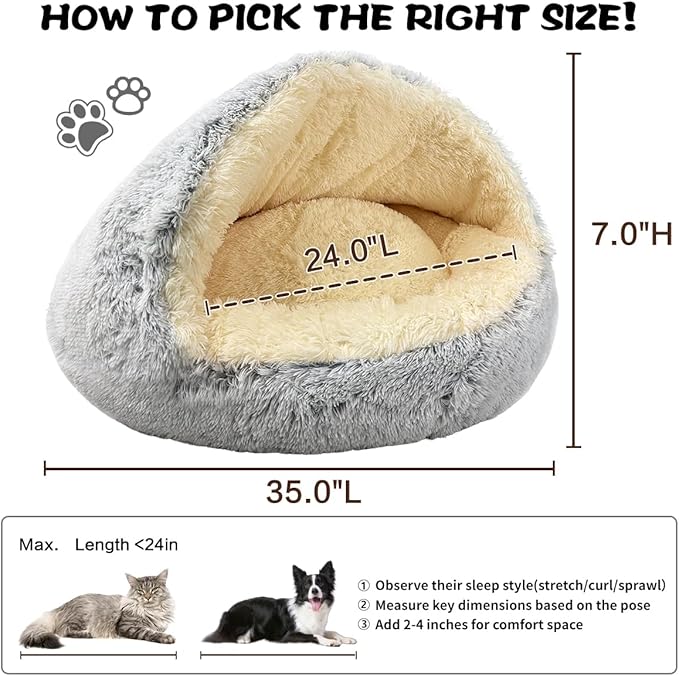 ShinHye Round Plush Fluffy Hooded Cat Bed Cave, Cozy for Indoor Cats or Small Dogs, Waterproof Bottom, Washable（35 in）