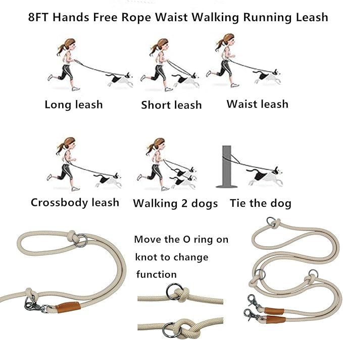 8FT Hands Free Dog Rope Leash, Waist Body Running Leash for Dog Walking (Beige, 8FTx10MM)