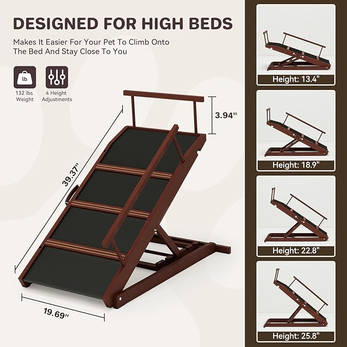 Walnut Wooden Dog Ramp for Bed Folding Pet Ramp for Dogs,Including Non Slip Mat & Safety Side Rails Adjustable Dog Bed ramp from to Up to 132 lbs