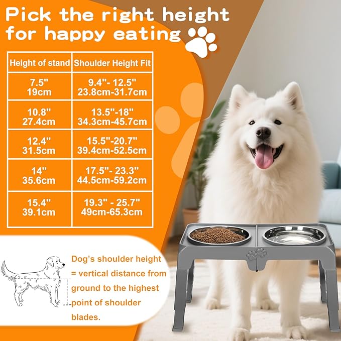 Elevated Dog Bowl Stand for Large Dogs - 2 Extra Large 10” Stainless Steel Bowls, 5 Adjustable Heights(7.5"-15.4"), Foldable Non-Slip & Durable, Portable Heavy Duty Travel Dog Feeder, Grey