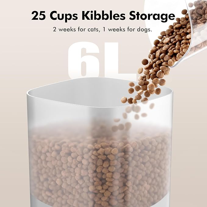 Automatic Cat Feeder for 2 Cats, 6L Automatic Cat Food Dispenser with 2 Stainless Steel Bowls, Timed Dry Food Dispenser with APP Control for Cats and Dogs, Dual Power Supply, 10s Voice Recorder