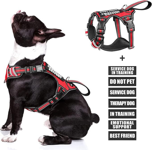 WINSEE Service Dog Vest No Pull Dog Harness with 7 Dog Patches, Reflective Pet Harness with Durable Soft Padded Handle for Training Small, Medium, Large, and Extra-Large Dogs (Medium, Red)