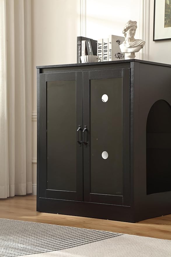 Cat Litter Enclosure with Cat-Observant Glass Doors,Litter Box Cabinet with Cozy LED for Cats,Reversible and Optional Entry(Left or Right),Power Outlet for More Choice,Black