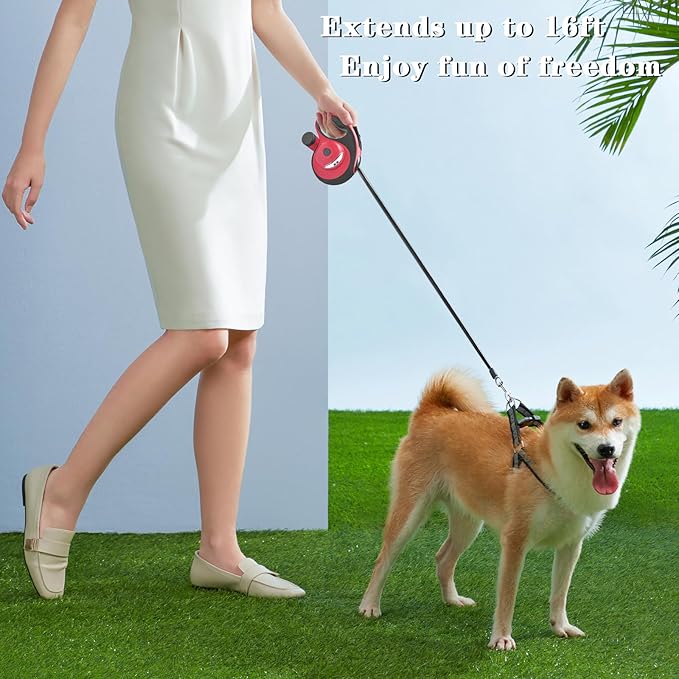 Retractable Dog Leash with Light - 16Ft Leashes with Poop Bag & Holder, One Button Break & Lock, 360°Tangle Free, Anti Slip Grip, Red