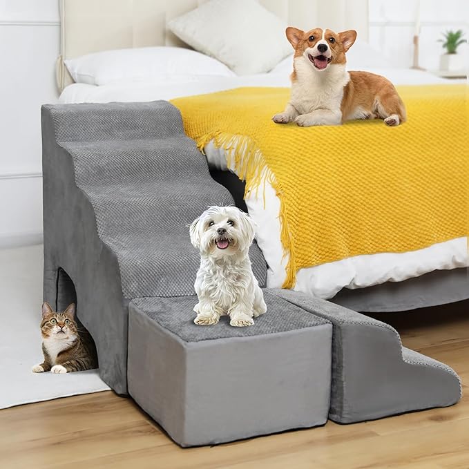 A.FATI Dog Stairs for High Beds up to 30-36 Inch, 6 Tiers Dog Steps, Pet Stairs Adjust to Left Side of Bed, Non-Slip Dog Ramp for Small Dogs and Old Pets