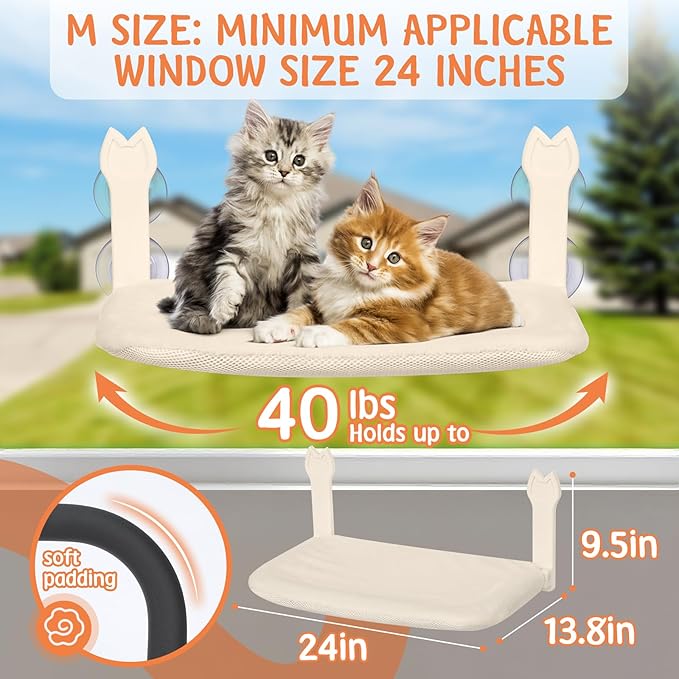 2 Pack Cat Window Perch,Cat Window Hammock Cordless Foldable Window Bed with 4 Large Strong Suction Cup,Reversible Cushion Cover,Metal Frame Easy to Adjust Window Seat Holds up to 40lbs(Beige，M)