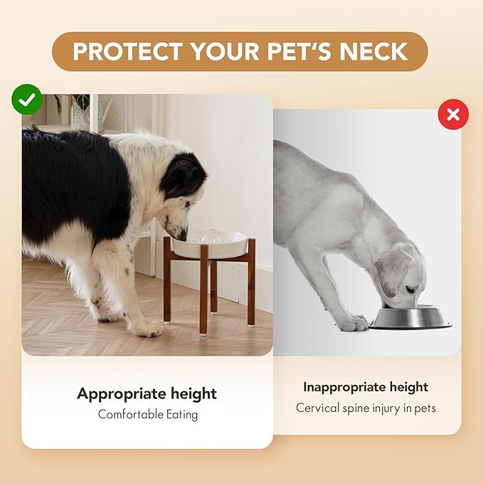 Ceramic 1.6 Cup Raised Slow Feeder Dog Bowl Set, Elevated Acacia Wood Stand for Medium and Large Dogs, 8.2inch Slow Pet Dish for Fast Eaters(1 Bowl & Stand, Vanilla White)