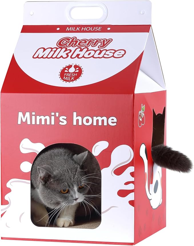Cardboard Cat House with Scratcher – Red Cherry Milk Carton Design, 22.5''H x 13''L x 13''W, Indoor Cat Playhouse & Hideout for Cats up to 16 lbs, Portable Handle, Corrugated Scratch Pad