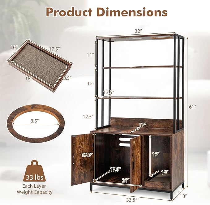 PETSITE Cat Litter Box Furniture with 3 Shelves and Doors, 61 inch Tall Cat Box Enclosure with Display Shelves, Scratching Pad, Indoor Hidden Litter Box with Decorative Storage Shelving (Rustic Brown)