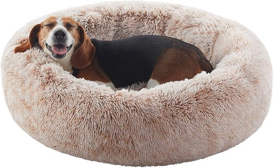 33 inches Donut Dog Bed for Medium Large Dogs,Calming Fluffy Round Pet Bed with Removable & Washable Cover,Fits up to 65 lbs Pets(Brown,M Plus)