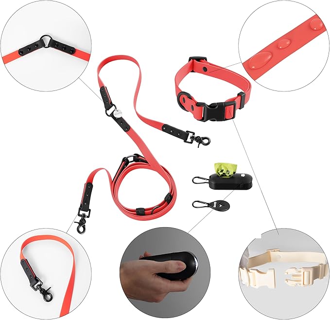 WLK1005M-5SET Luna Medium 8FT Adjustable 6-in-1 Waterproof Hands-Free Leash and Collar with LED Flashlight, Bag Dispenser, and Poop Bag Holder, Shirley