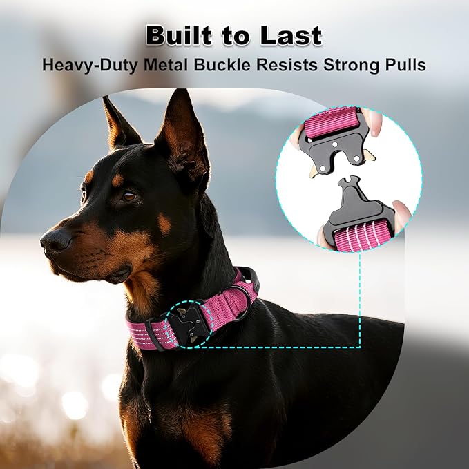 Plutus Pet Tactical Dog Collar with Tracker Packet for AirTag, Adjustable Reflective Nylon Collar, Metal Buckle, Leather-Wrapped Handle, Soft Padded for Medium Large Dogs (Pink, L)