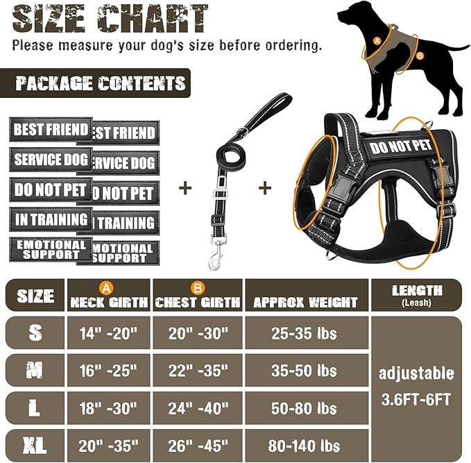 Tactical Dog Harness and Leash Set for Large Dogs,Heavy Duty No Pull Service Dog Vest and 10 Patches with Dog Seat Belt,Reflective Adjustable Pet Harness for Training Walking Hiking Black L