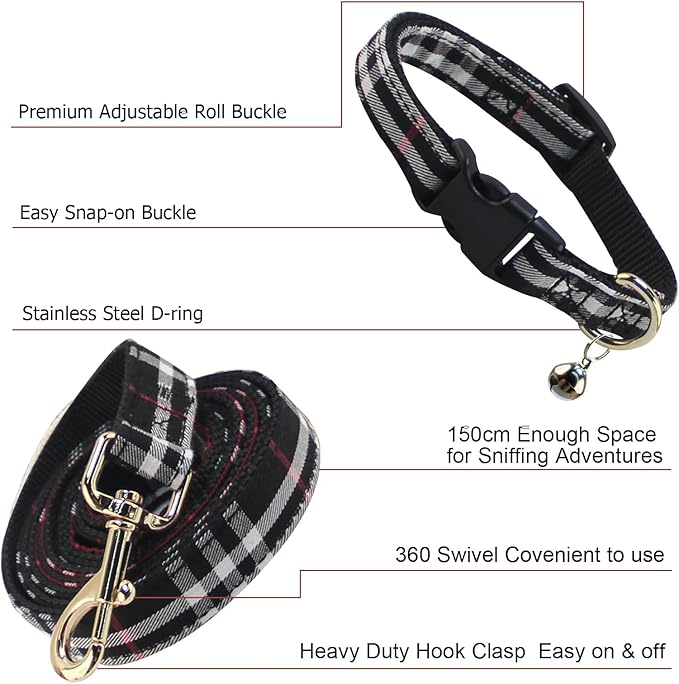 Cute Plaid Dog Collar Harness and Leash with Safety Buckle - Adjustable and No Pull Comfortable Dog Collars for Small Puppy, Stylish Durable Gift for Boy Girl Pets
