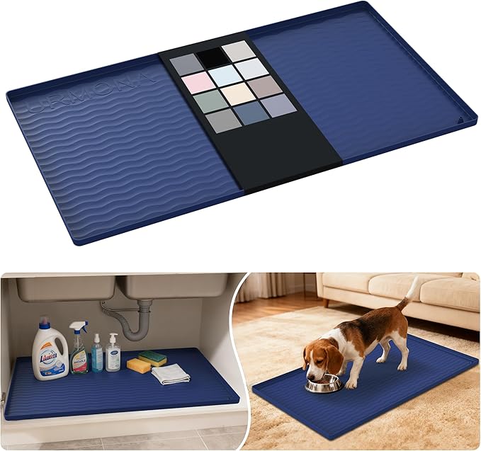 URMONA Waterproof Silicone Under Sink Mat 34'' x 19'' Shelf Liner for Kitchen and Bathroom, Cabinet and Counter Protector, Storage and Organizers, Litter Mat, Pet Cat Puppy Essentials(Navy)