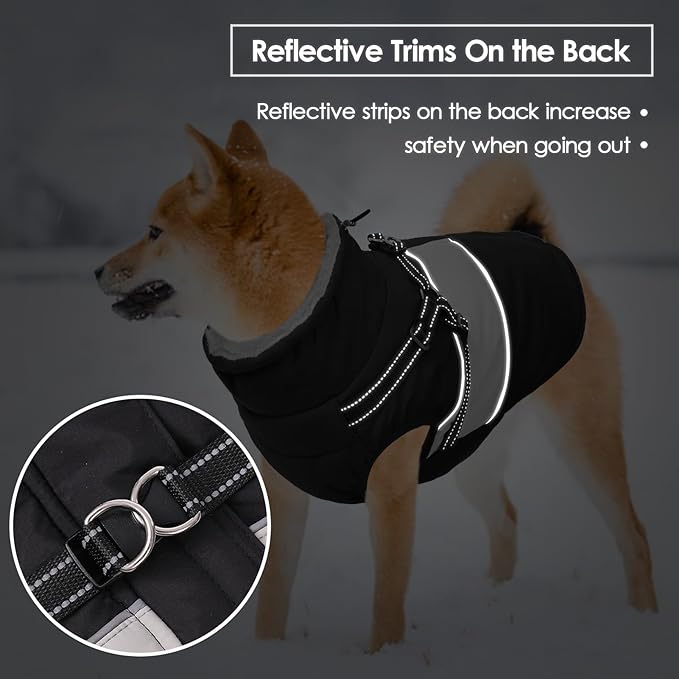 SUNFURA Small Dog Coat with Harness Built in, Warm Dog Jacket Winter with Zipper On Back, Waterproof Pet Snow Jacket Snowsuit Pet Sweater Clothes for Puppy, Black XS