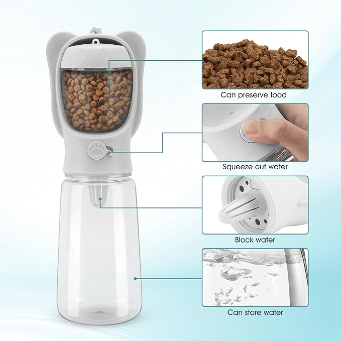 Portable Dogs Water Bottle with Food Storage Container, Leakproof Drinking Water Dispenser Feeder for Outdoor Dog Stuff Accessories Items for Cats, Puppy,for Walking, Hiking (White, 550ml)