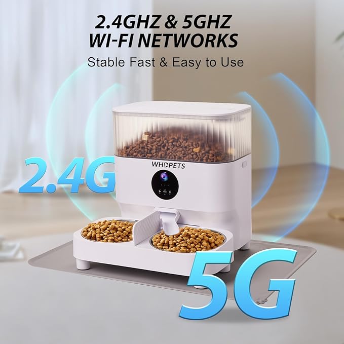 Automatic Cat Feeders, WHDPETS 5G WiFi Cat Food Dispenser with 1080P Camera for 2 Cats & Dogs, 5L Pet Feeder with Feeding Mat, APP Control, 2-Way Audio,Dual Power Supply