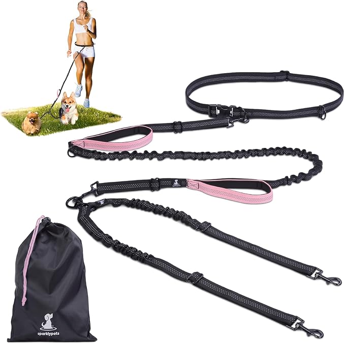 SparklyPets - Hands Free Double Dog Leash - Dual Dog Leash for 2 Small Dogs - with Padded Handles, Reflective Stitches - No Pull, Tangle Free, for Walking, Hiking, Canicross - for Small Dogs