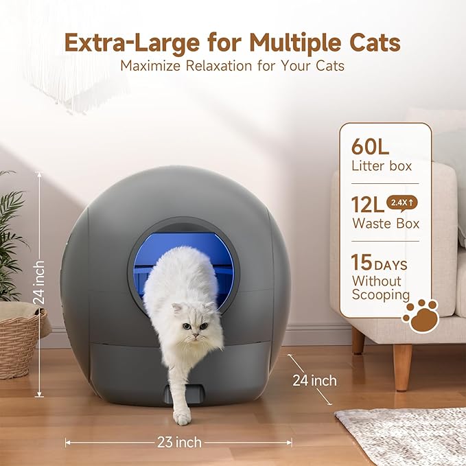 Self Cleaning Litter Box, KungFuPet S2 Automatic Cat Litter Box Self Cleaning for Multi Cats, Extra Large Automatic Litter with Safety Sensor Protection, Odor Removal, Smart APP Control Robot Cat Box