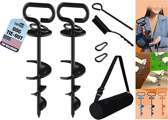 Eurmax USA Dog Tie Out Stake Triple Lock Heavy Duty Dog Anchor for Large Dogs Trampoline Stakes Dog for Yard and Outdoor Dog Runner Install & Travel Kit Included,2-Pack(Black)