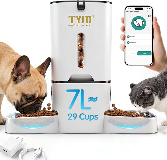TYM Dual Automatic Cat Feeder 2 Cats, 7L Timed Cat Food Dispenser for Multiple Pets, Double Auto Dog Feeder with Slow Feed, WiFi Programmable Feeders Smart App Control, Steel Double Bowls Easy Clean