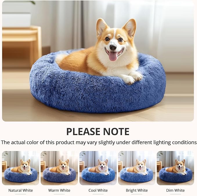 JOLLYVOGUE Calming Small Dog & Cat Bed for Indoor Cats - 20 inches Washable Donut Bed for Kittens & Puppies, Anti-Anxiety Round Fluffy Plush Pet Beds (Fits up to 15 lbs, Navy Blue)