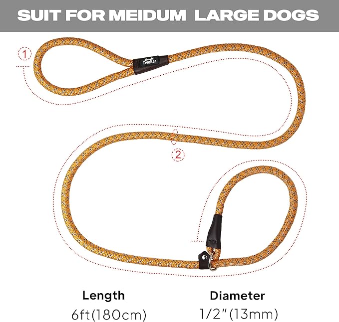 TwoEar Slip Leads for Dogs, 1/2" x 6FT Slip Leash for Large Dogs with Highly Reflective Threads, Comfortable Strong Rope Slip Leads, No Pull Pet Training Leash, Orange