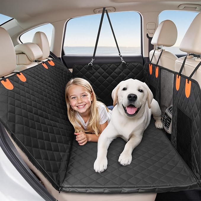 HOTEAGLE Dog Seat Covers for Back Seat, Hard Bottom Back Seat Extender for Dogs, 600D Upgraded Material Waterproof and Comfortable with 400lbs Holds, Ideal for Car Trips and Outdoor Adventures（Black）